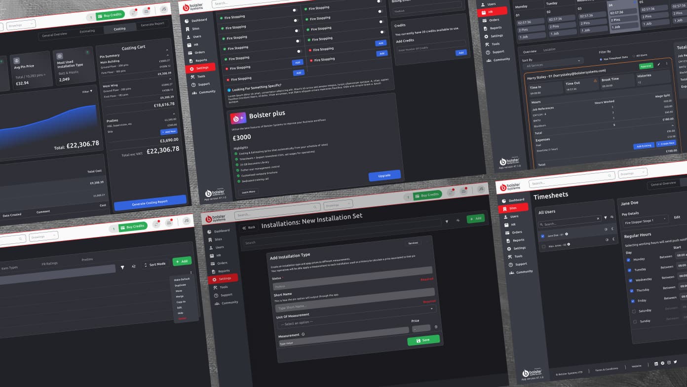Showcase of several Bolster Plus screens, including the Costing Dashboard, timesheets, and Pin Options interface.