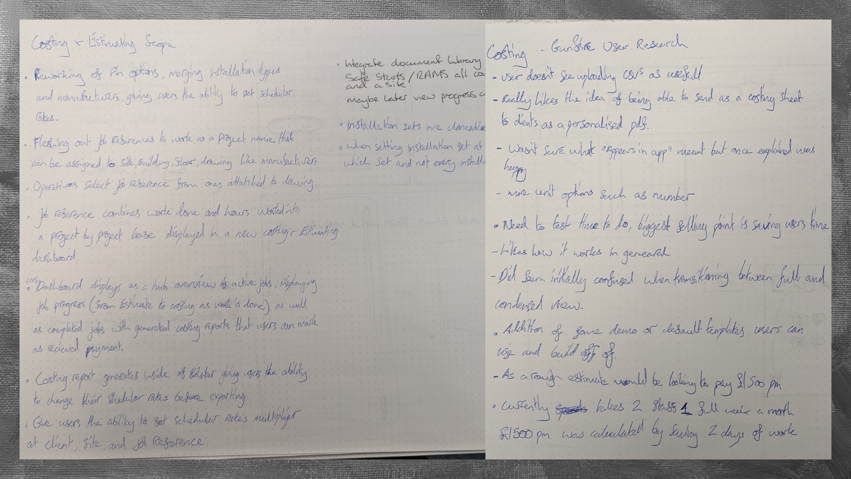 Notes from user research sessions with Bolster customers, as well as the first defined project scope.