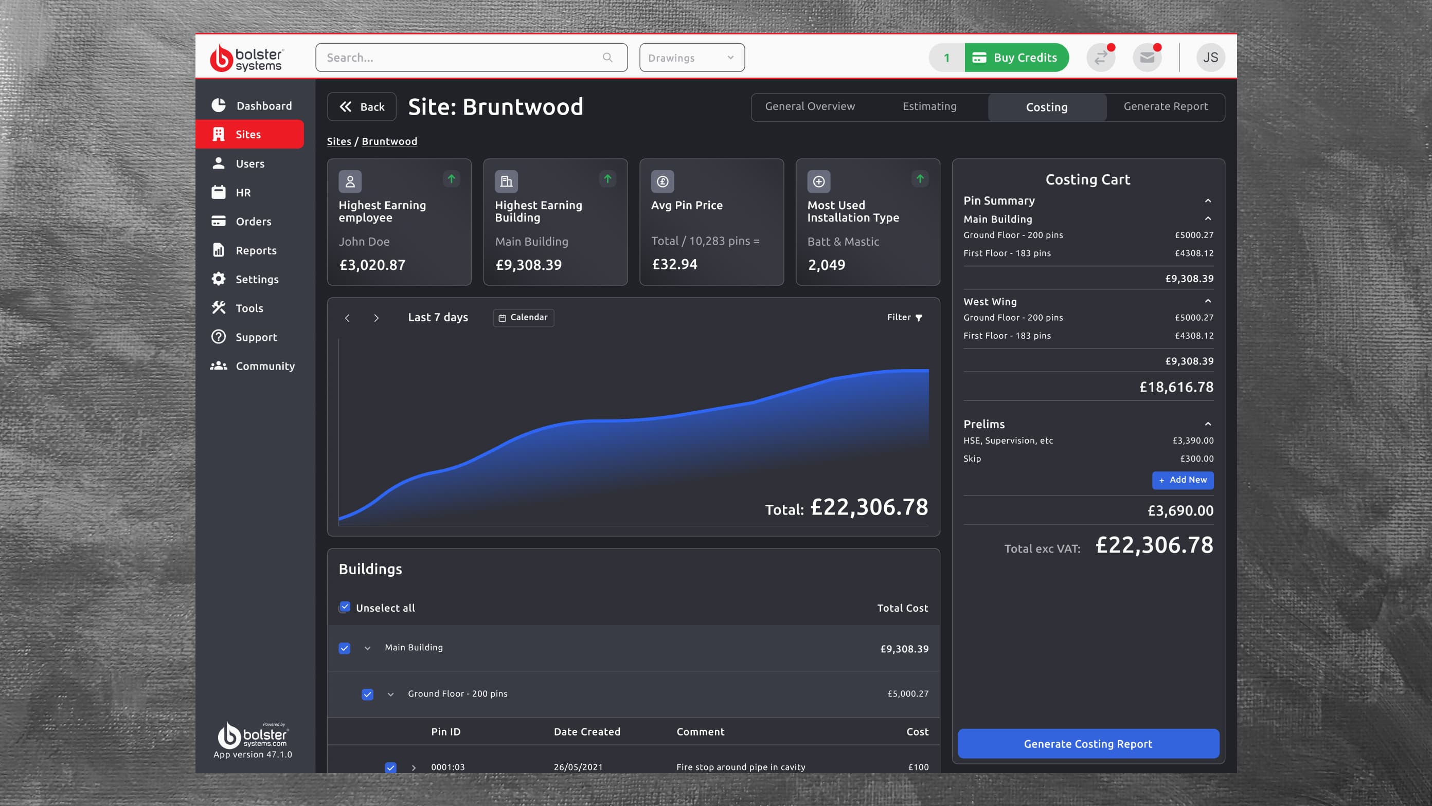 The final design for the Costing Dashboard tab within the Bolster web application.