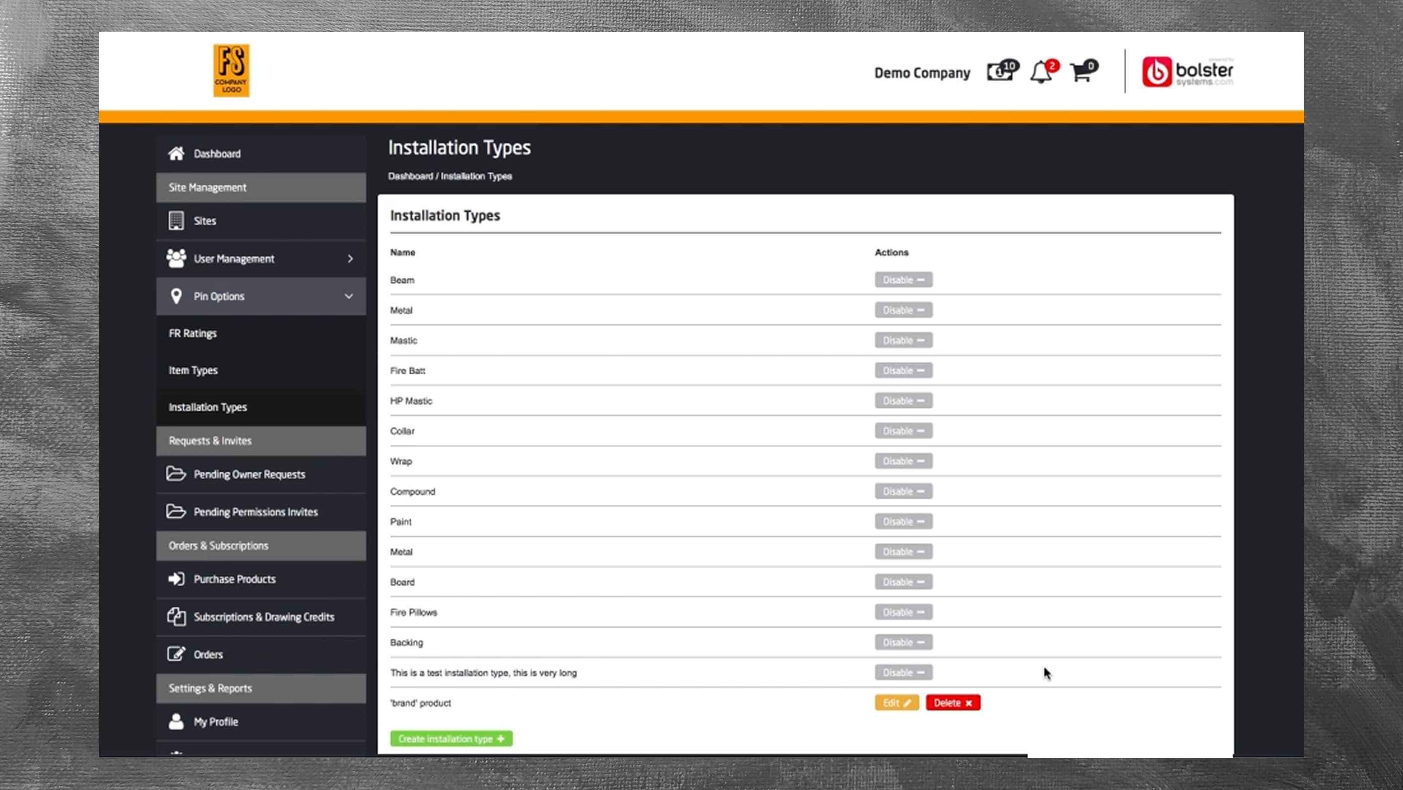 The design for the old installation type management interface.