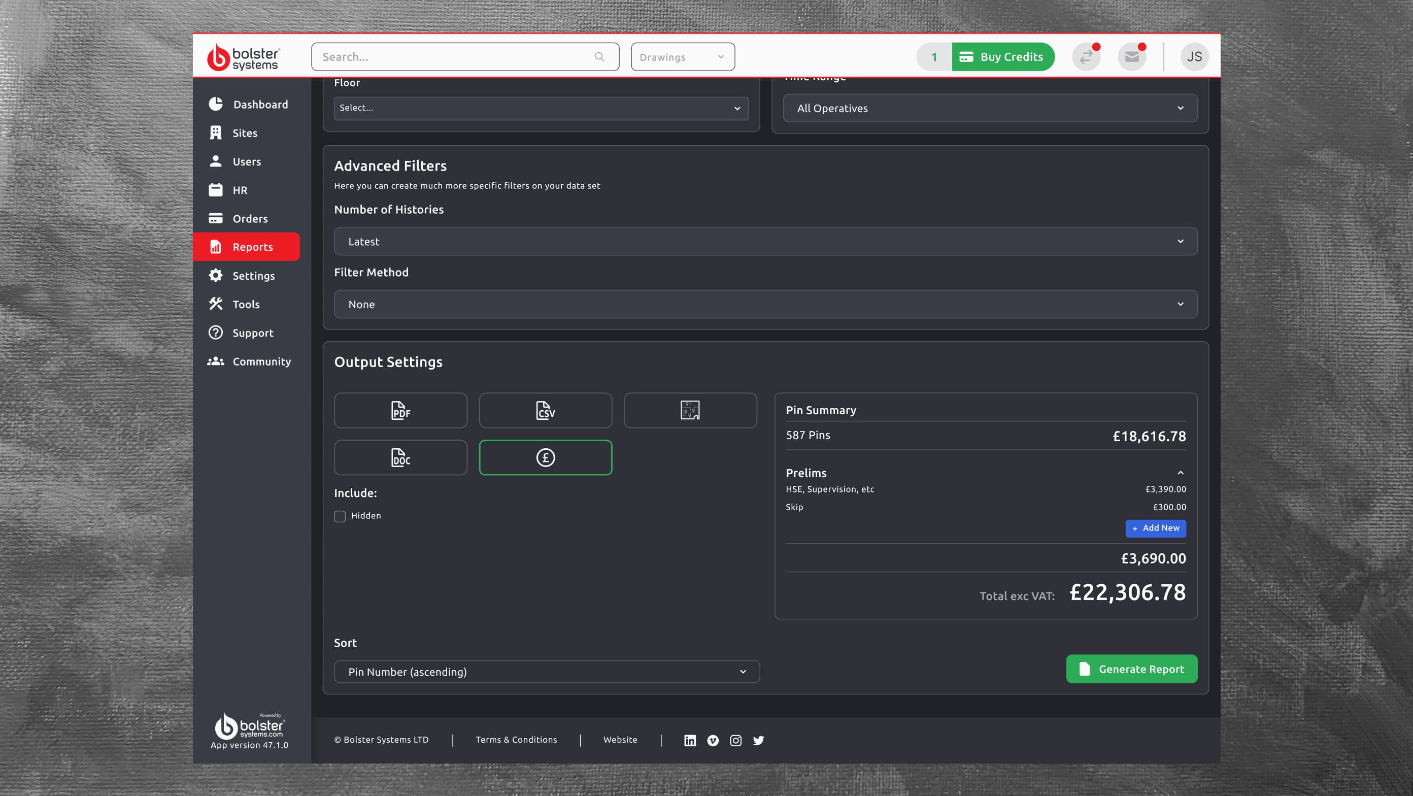 The report generation interface within the Bolster web application. With the new costing features integrated.