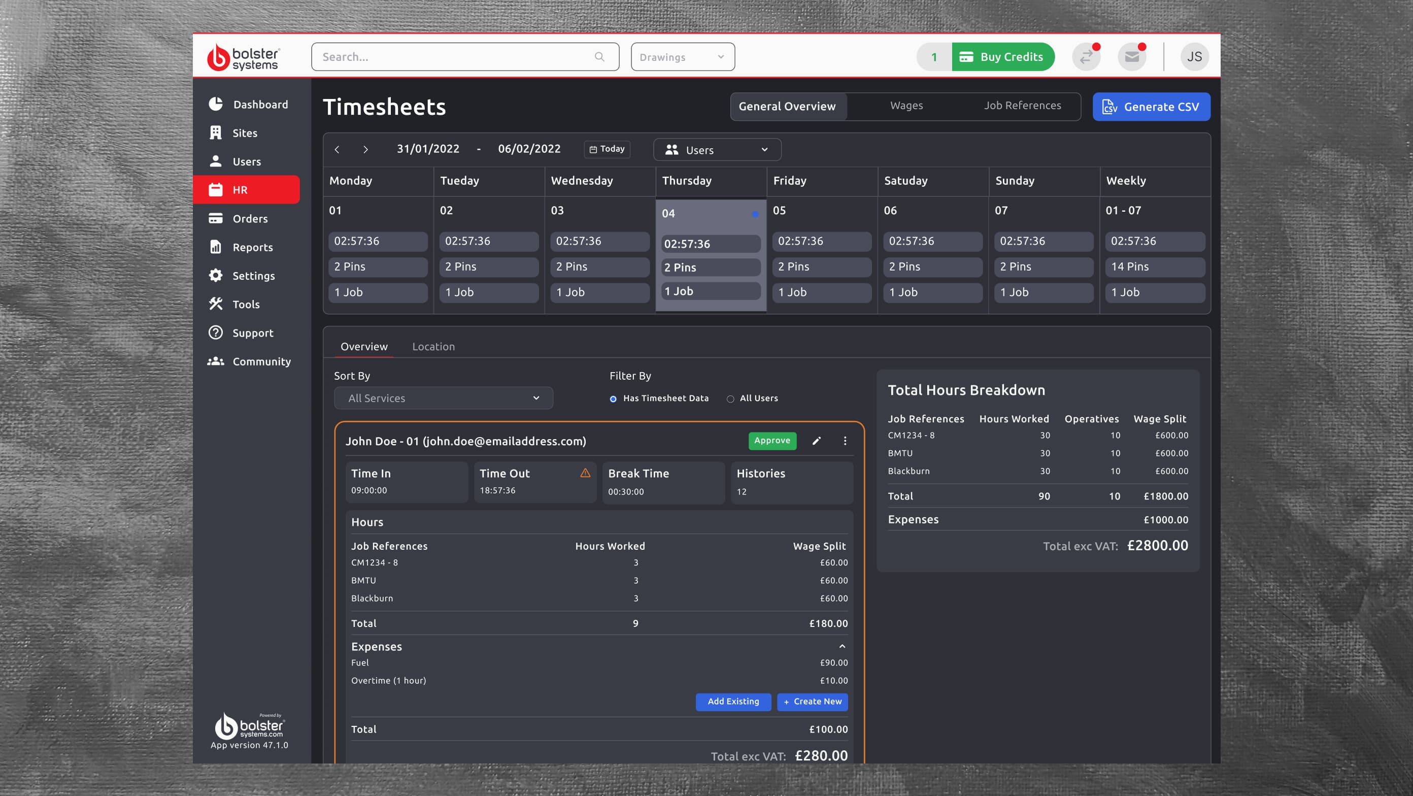 The design for the day view of the timesheets area with labour costing integrated.