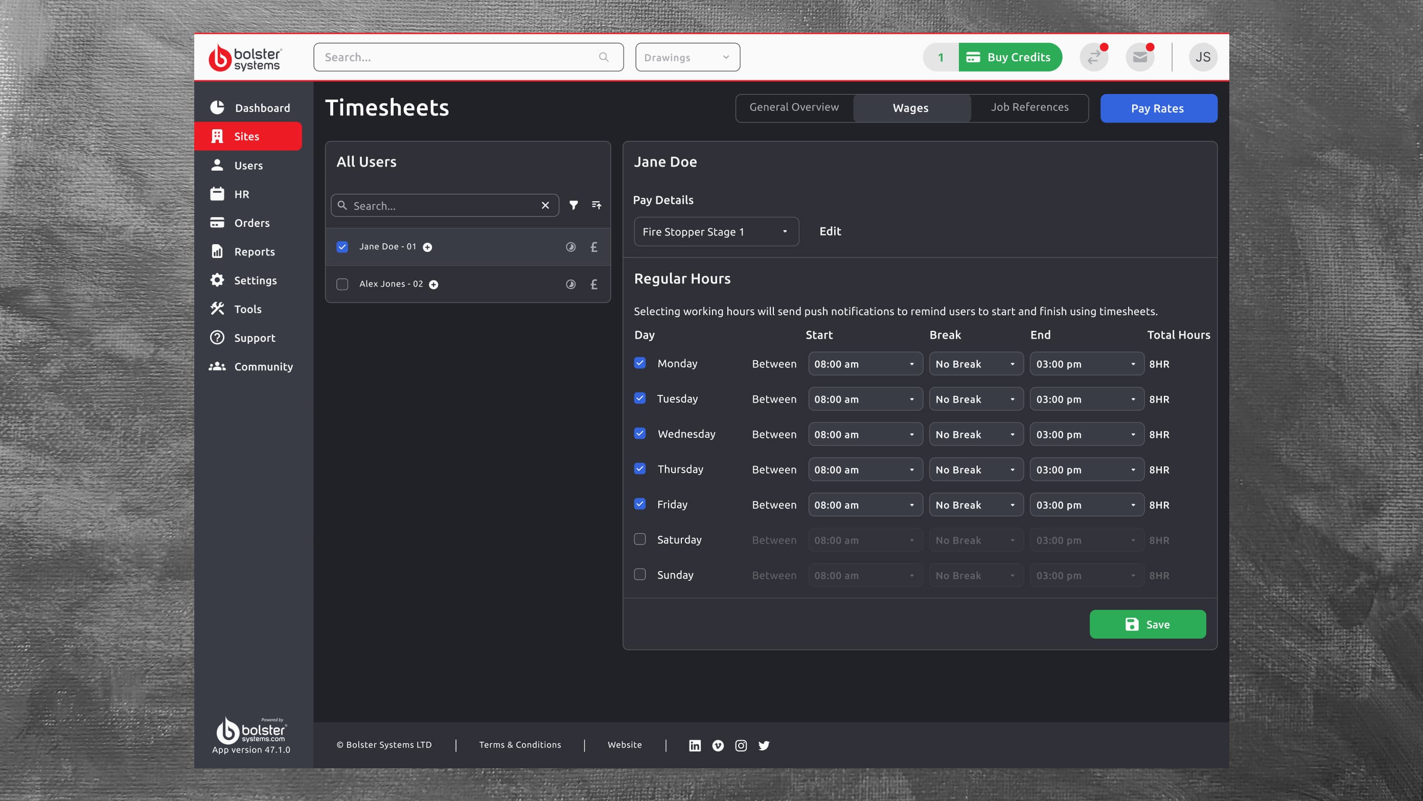 The design for the new wages tab within the timesheets area.