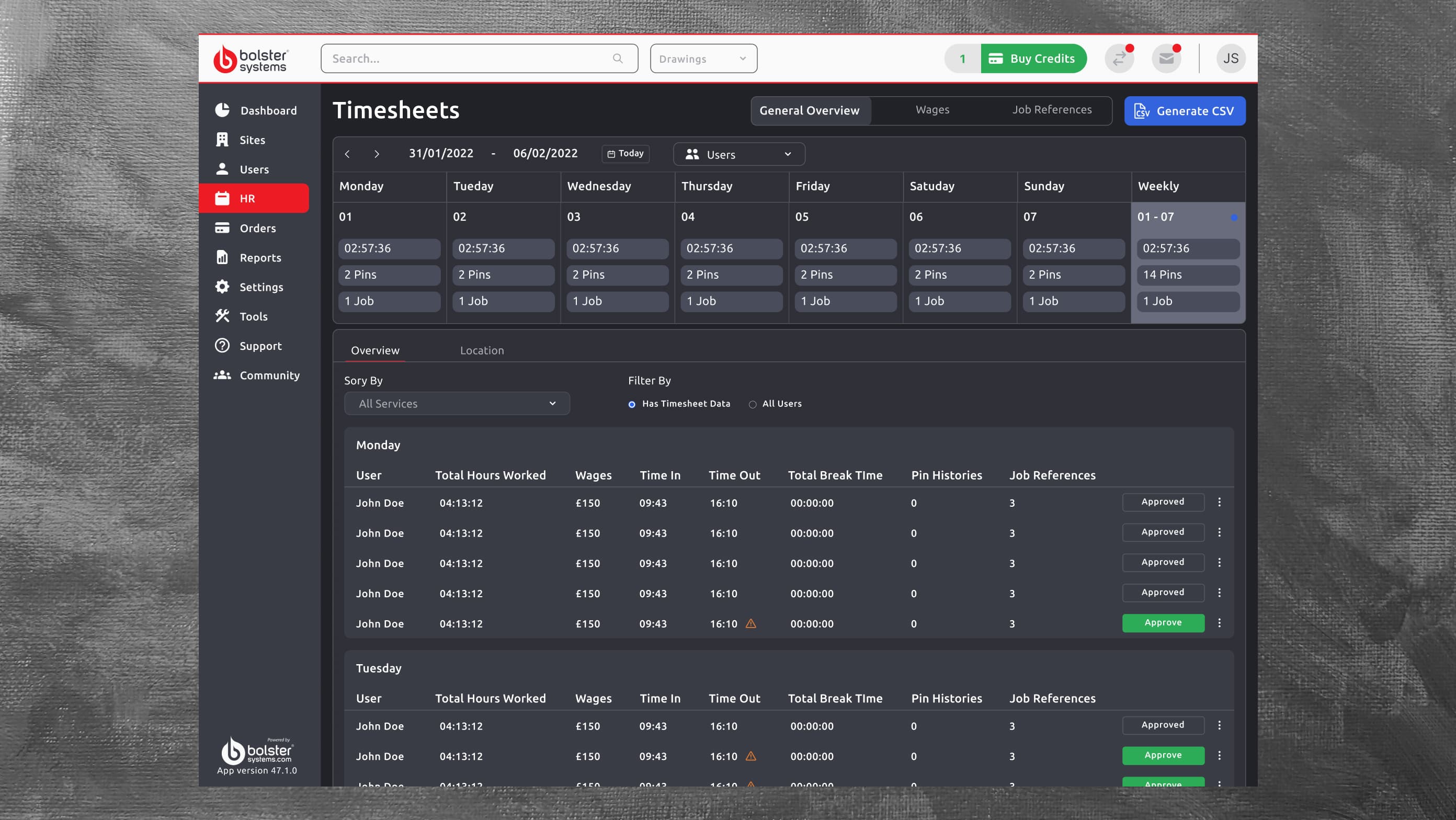 The design for the week view of the timesheets area with labour costing integrated.