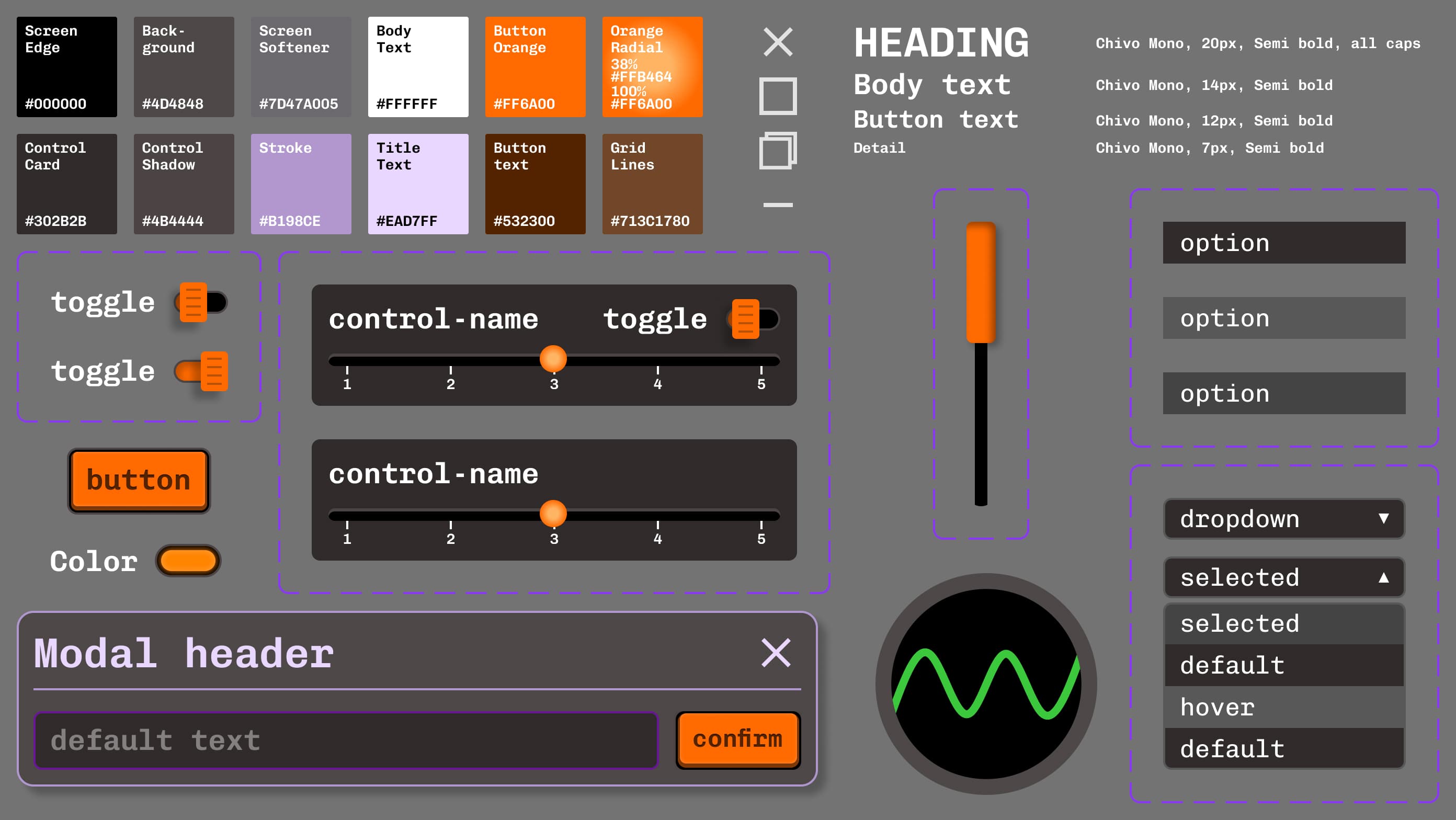 The complete design system for the app, including colours, fonts, and components