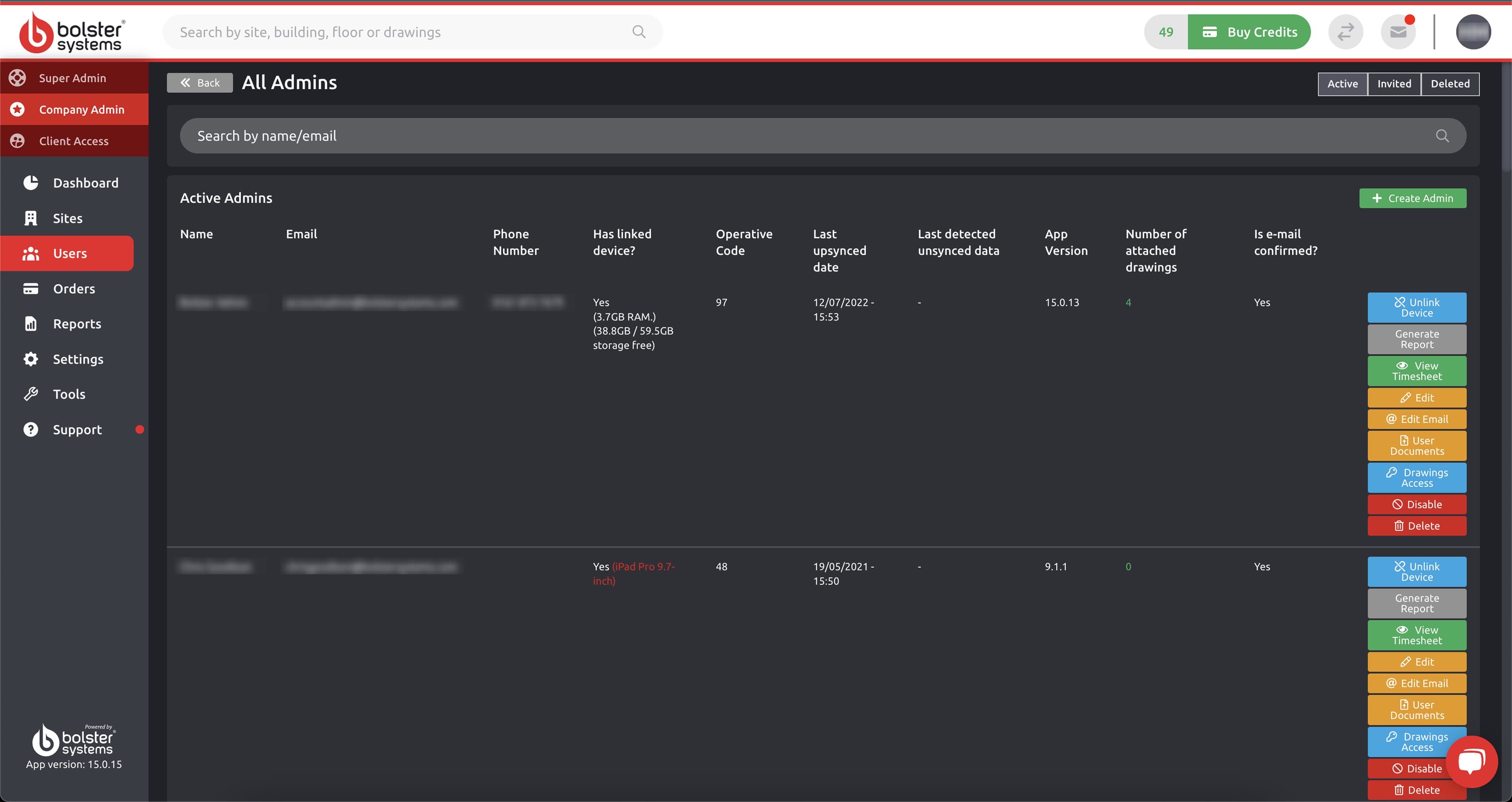 Screenshot of how the Admins area looked before phase 2