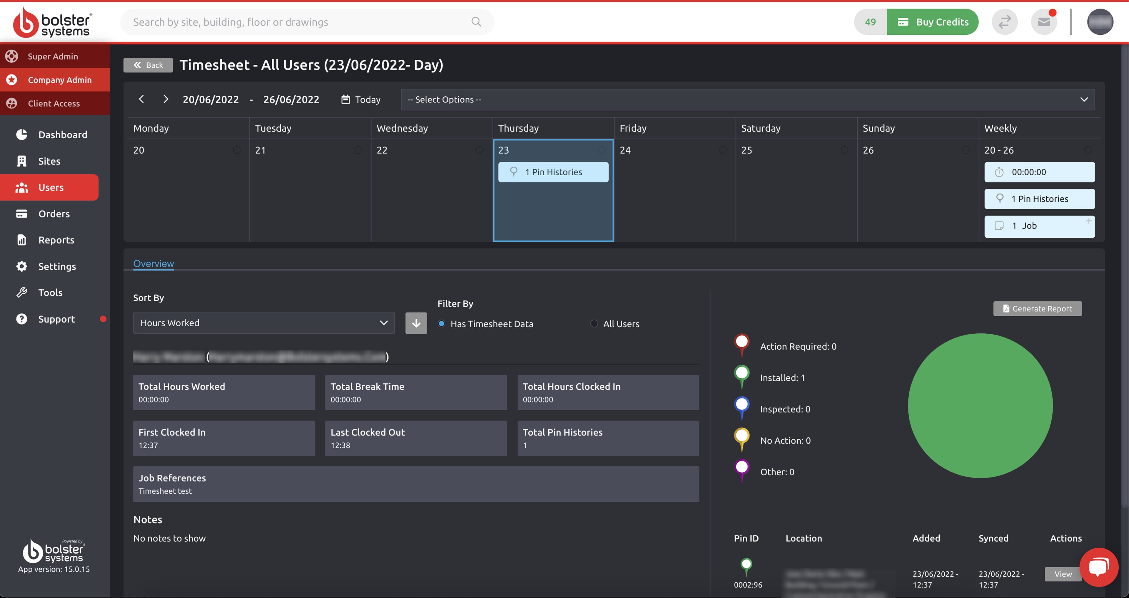 Screenshot of how the timesheets area looked after phase 1